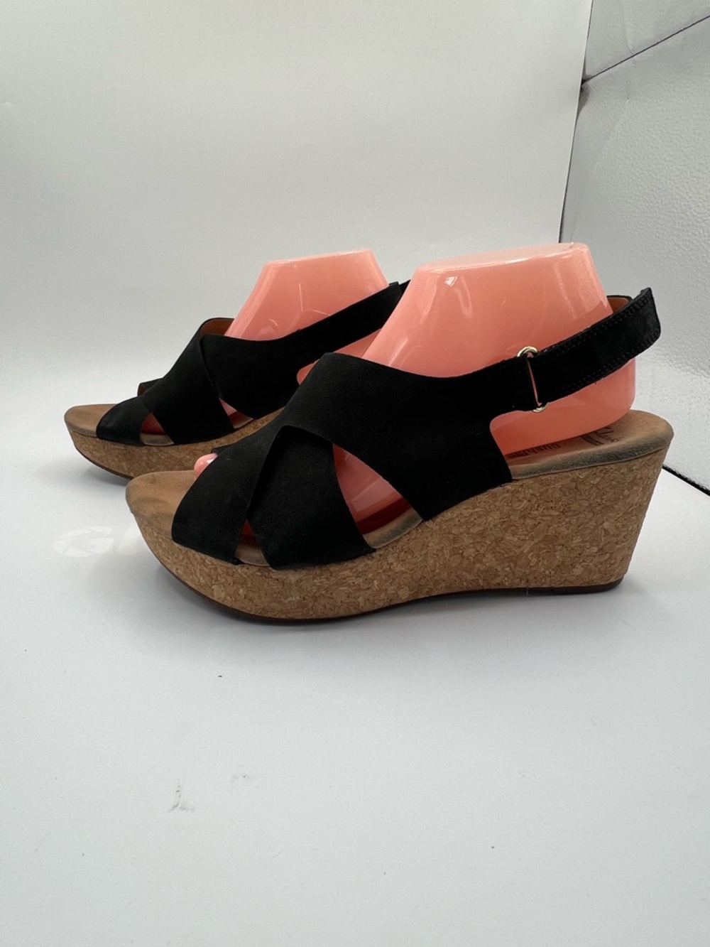 Clarks Cushion Soft Wedge Sandals | Black Leather Cork Heel | Size 10